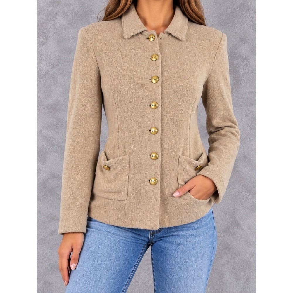 St. John Collection Santana Knit Jacket Womens Small Beige Gold Button Luxury